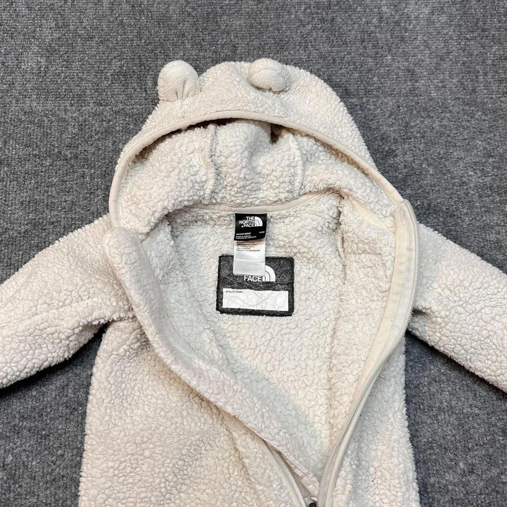 The North Face Snowsuit Baby 3-6 Months White Fleece Bear Ears Hooded Full Zip